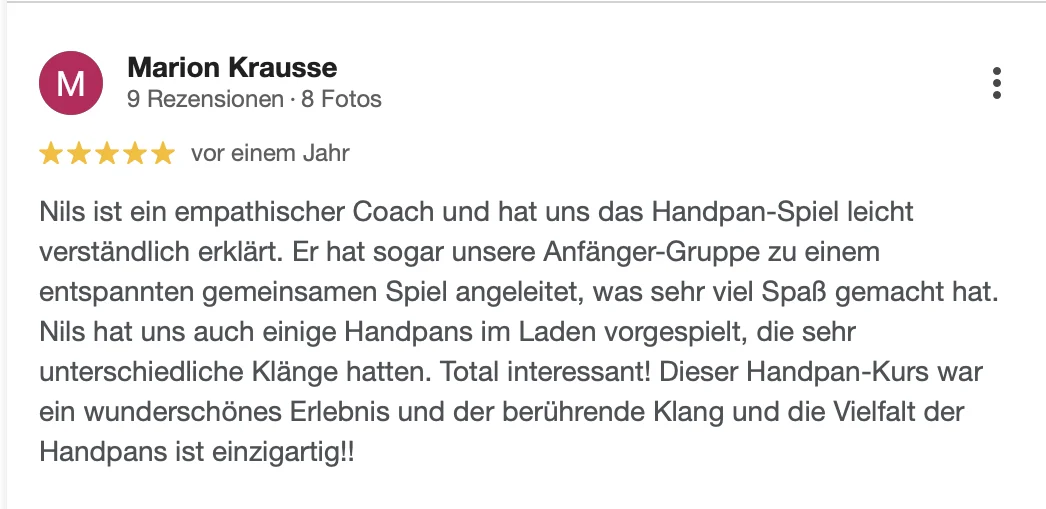 Google-Rezension von Marion Krausse über den Handpan-Einsteigerkurs