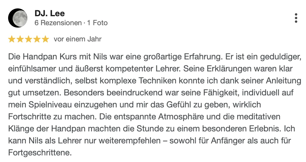 Google-Rezension von DJ. Lee über den Handpan-Kurs bei Nils