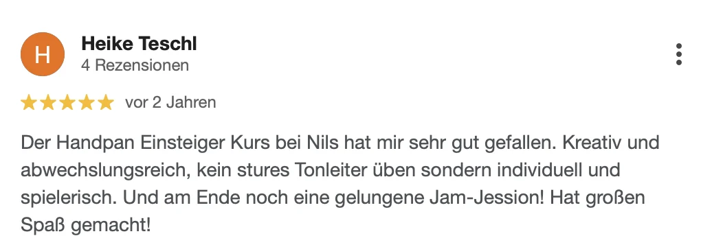 Google-Rezension von Heike Teschl über den Handpan-Einsteigerkurs