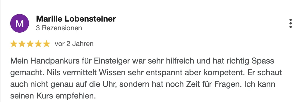 Google-Rezension von Marille Lobensteiner über den Handpan-Einsteigerkurs