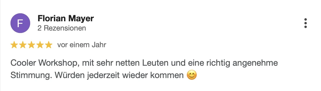 Google-Rezension von Florian Mayer über den Handpan-Workshop