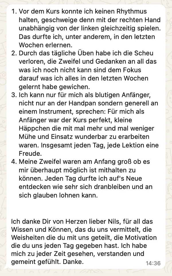 Nachricht von Franzi über den Rhythmus-Fundament-Kurs